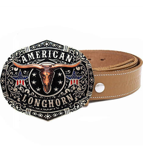 Cinto Country Couro Legitimo Fivela Cowboy American Longhorn