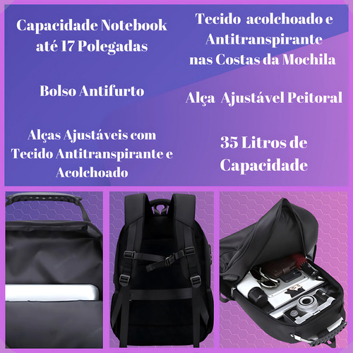 Ago Mochila Notebook Reforçada Cadeado Senha Divisorias Imperm. Cor 2102 Preta Desenho Do Tecido Liso