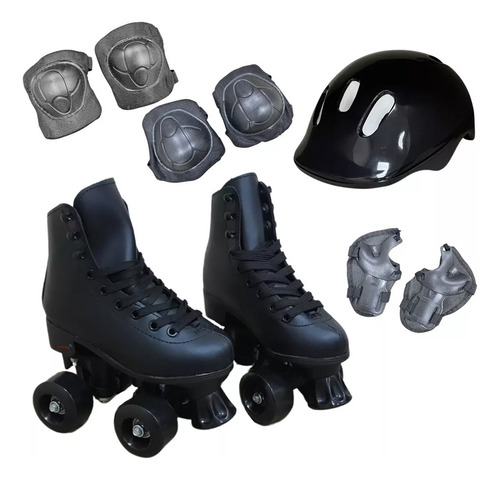 Patins Roller Infantil Quad Retro Bota C/ Kit Proteção Preto