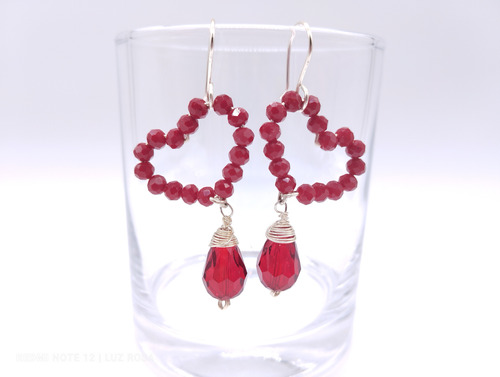 Aros Corazón, Alambre Cobre Plata, Cristales Facetados Rojos