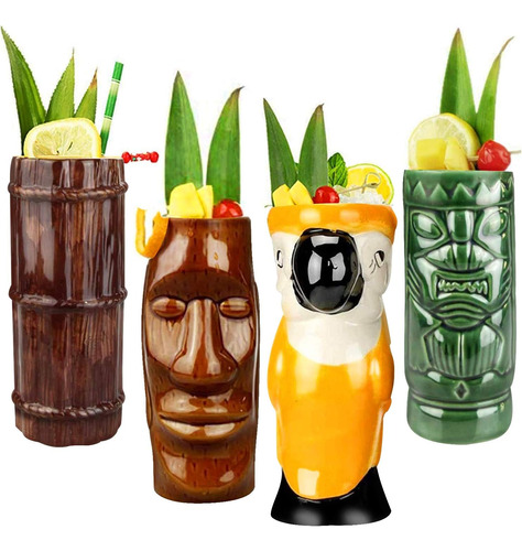 Tiki Mugs Cocktail Set De 4 - Tazas Grandes De Cerámica Para