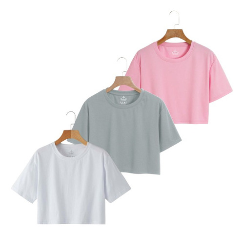 Kit 3 Camiseta Feminina Cropped Básica De Algodão