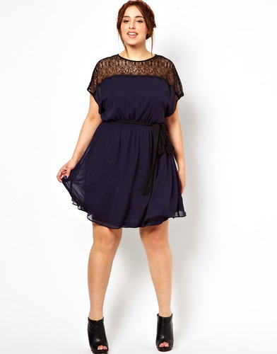 Vestido Asos Curve Encaje Negro Azul Marino