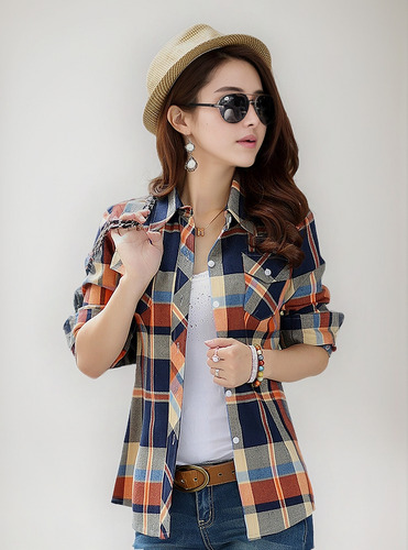 Ha Camisa De Mujer A Cuadros Tallas Grandes Algodón Slim Fit