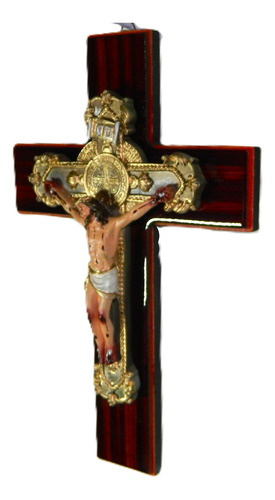 Crucifijo Cristo Medalla San Benito 28x18cms Resina/madera Dorado