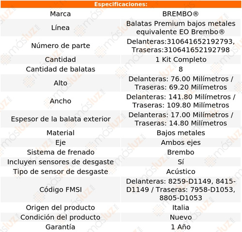 Set Balatas Bajos Metales Grand Cherokee 06/10 Brembo