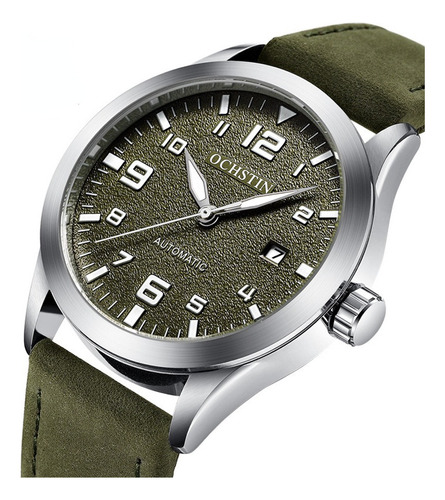 Relógio mecânico Ochstin com calendário automático para homens com fundo verde prateado