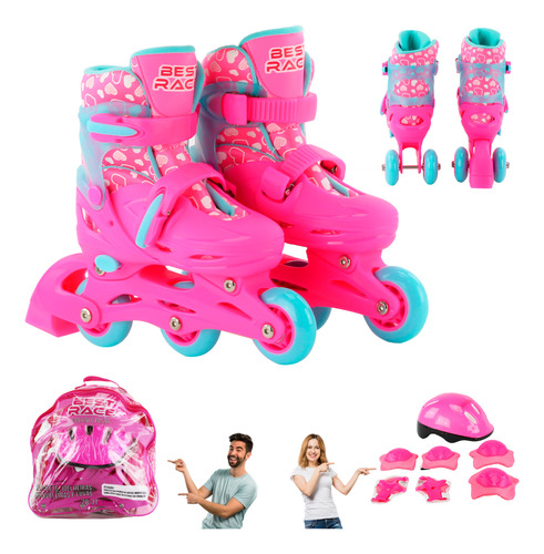 Patins Infantil Triline Inline Menina Kit Proteção Completo