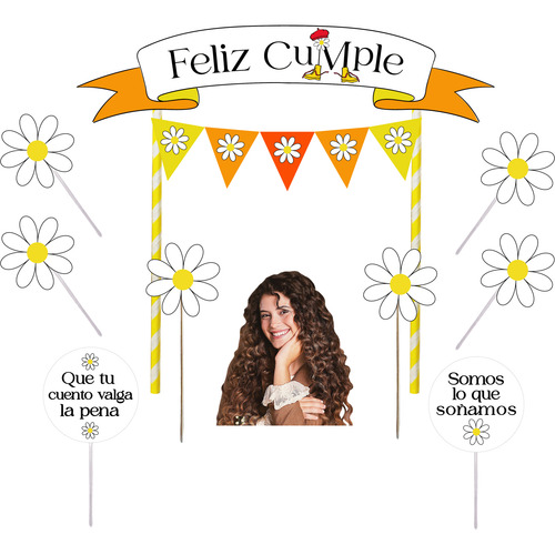 Topper Adorno Torta Banderin Feliz Cumple Margarita Blanco Margarita