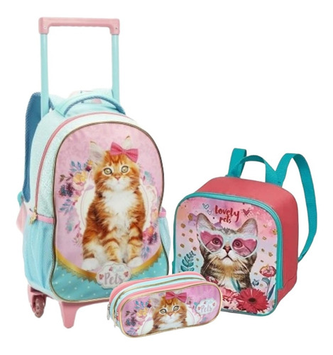 Kit Mochila Infantil Gatinha Gata Pets Rodinhas G Seanite 