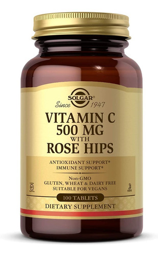 Vitamina C 500 Mg Con Rose Hips Solgar 100 Tabletas