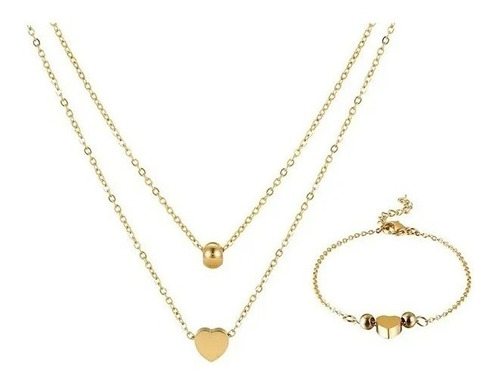 Off!! Conjunto Collar Pulsera Corazón Baño Oro Rosa 18kt