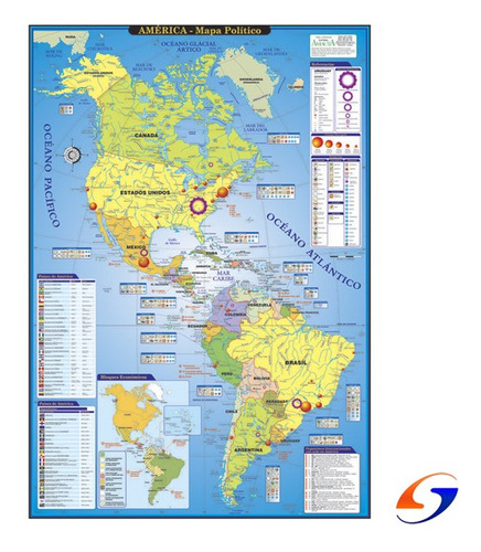 Mapa De America Fisico Politico  70x100cm. Serviciopapelero