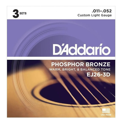 Pack X 3 Encordado Acústica 11-52 Fosfr Daddario Ej26-3d 