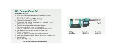 Micrometro Ext. Digital Pantec 150-175 Medição De Rosca Ext.