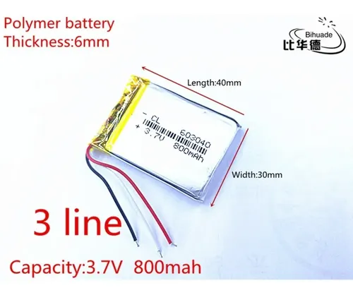 Bateria 3.7v 800 Mah 6mm X30mm X40mm 3 Fios 603040 | Parcelamento