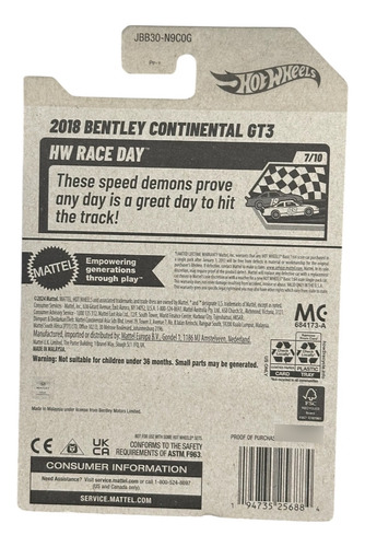Hotwheels 2018 Bentley Continental Gt3 944a Negro