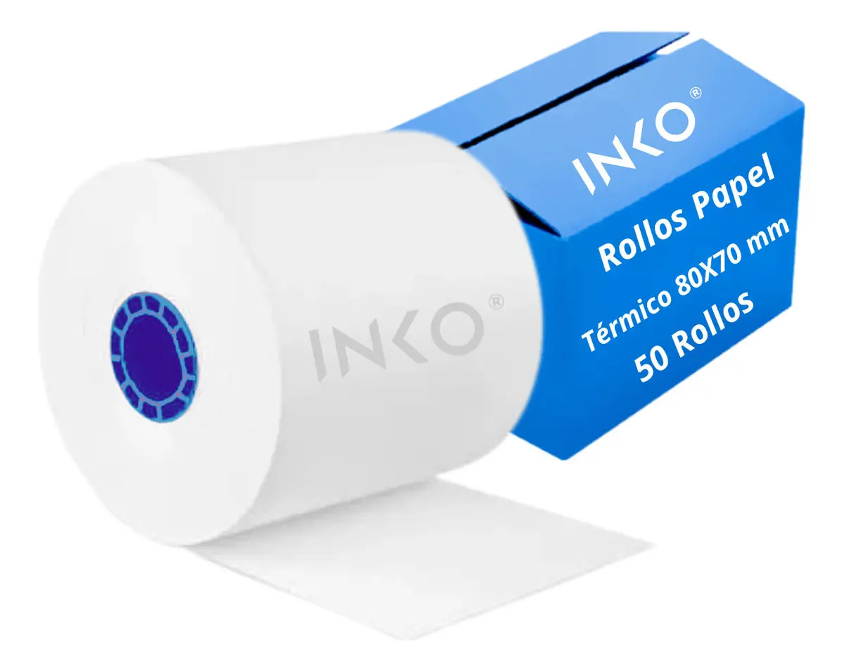 Imagen de 50 Rollos Papel Térmico 80x70 mm Impresora 80mm Negro compatible Bixolon color Blanco INKO