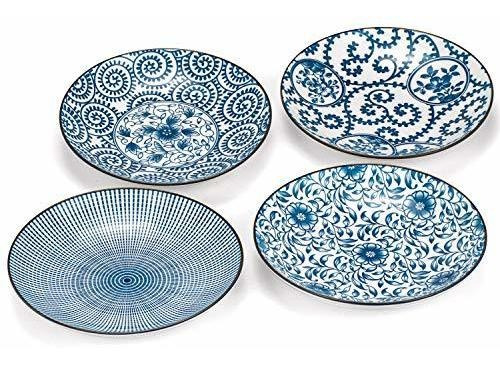 Foraineam Juego De 4 Platos De Servir De Porcelana Azul Y Bl