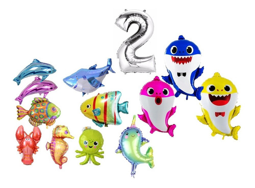 Globo Metalizado Baby Shark X3+ Numero X1 + Animalitos X8