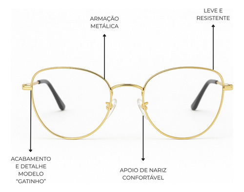 Armação Óculos De Grau Receituario Feminino Gatinho Metal Dourado Voxon