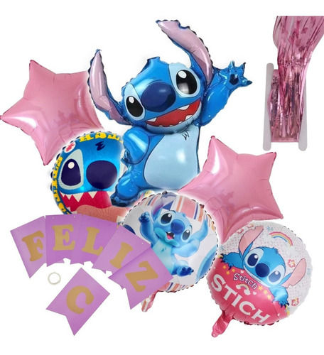 Combo X7u Banderin Globos Cortina Metalizado Stitch Cumple