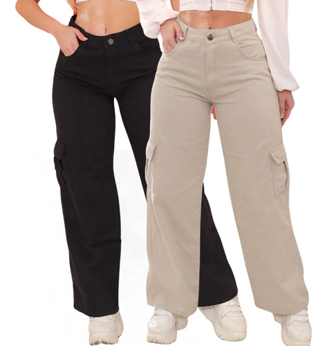 Kit 2 Calças Feminina Wide Leg Pantalona Cargo + 5 Cores