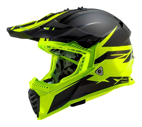 Casco Moto Cross Ls2 Mx437 Enduro Negro Amarillo Matte