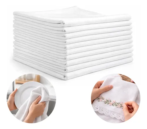 Kit 10 Panos De Prato Pé De Galinha Cozinha Liso Na Bainha Branco Li
