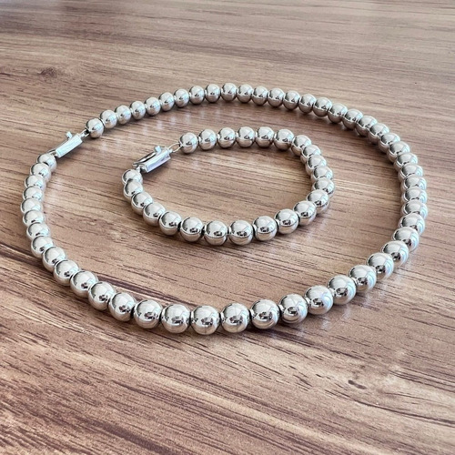 Imagen 4 de 10 de Collar Y Pulsera De Plata 925 Bolitas 8mm Set Mujer Agálea