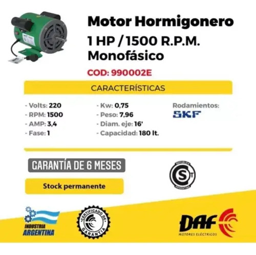 Motor Electrico Hormigonera Trompito. 1hp. Monofasico. 180lt