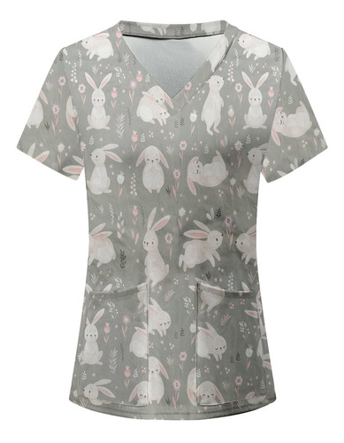 Sisit Scrub Tops Dama Design Bunny Print Casual Neck