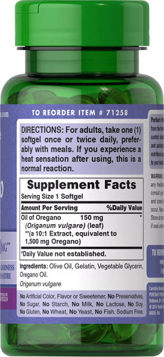 Aceite De Oregáno 150mg 180 Softgels Puritans Pride Sabor Sin Sabor
