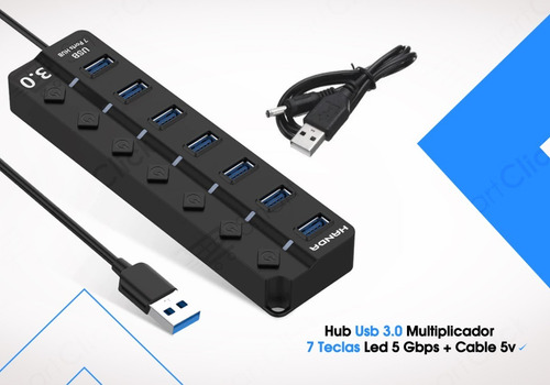 Imagen 9 de 10 de Hub Usb 3.0 Multiplicador 7 Teclas Led 5gbps + Cable Fuente