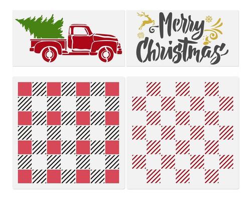 Alo Plaid Checker Stencils, Truck With Christmas Tree S...