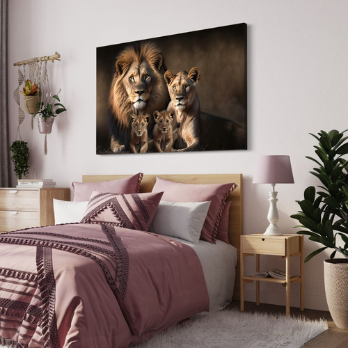 Quadro Leão E Familia Mãe Filhotes Em Canvas 150x100 Gigante