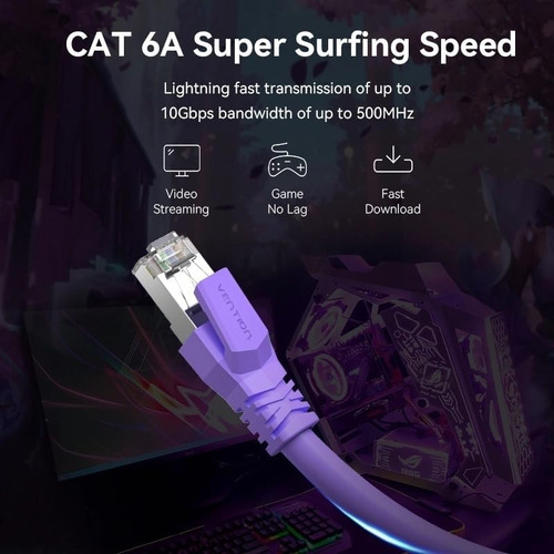 Cable De Red Vention Cat6a Certificado - 8 Metros Violeta - Premium Patch Cord - Blindado Sftp Rj45 Ethernet Servidores 10gbps - 500 Mhz - 100% Cobre - Ibmvk