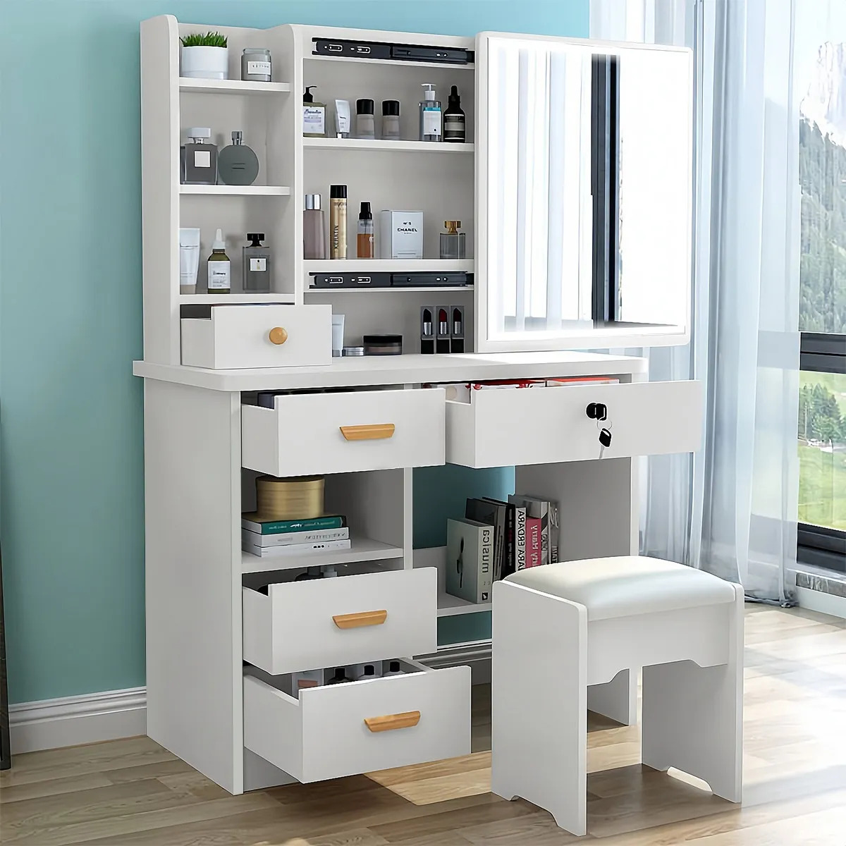 Tocador De Dormitorio Con Espejo Led Moderno Incluye Tabur Color Blanco-youjing