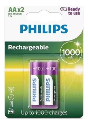 Pilas Recargables Philips Aa 1000 Mah Pack X 2