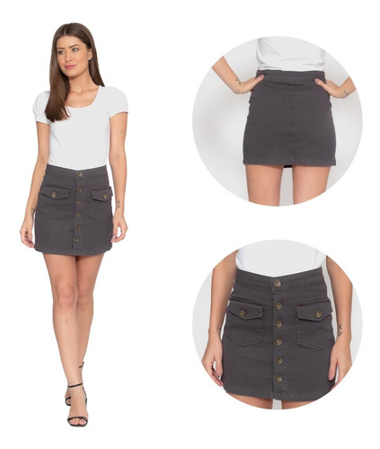 Imagem 2 de 7 de Kit 2 Pçs Calça Flare Em Sarja Lycra E Saia Feminina Bolsos