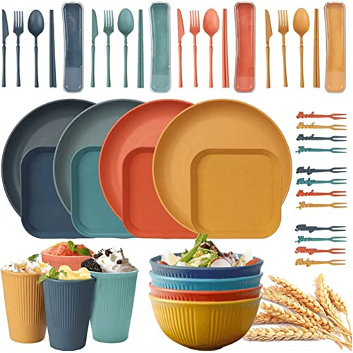 Wheat Straw Dinnerware Sets (48pcs) Reusable Dishware Sets W