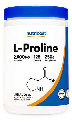 Suplemento Nutricost L-prolina Em Pó 250g - 2.000 Mg/porção
