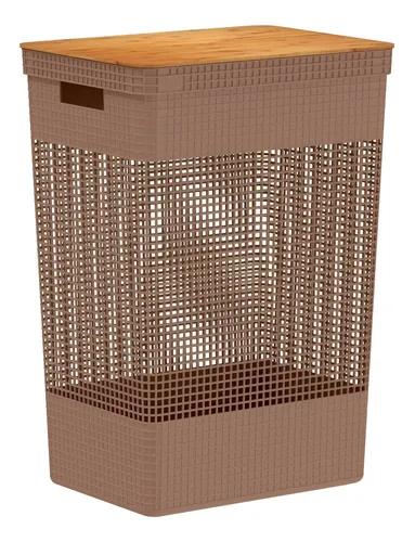 Cesto De Roupa Com Tampa De Bambu Grid Marrom Amêndoa 49l Ou