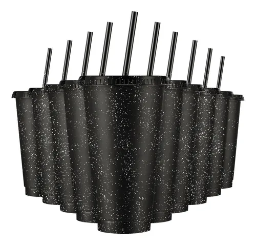 comprar 10 Vasos Reutilizables De 24 Oz Con 10 Tapas + 10 Popotes Color Negro