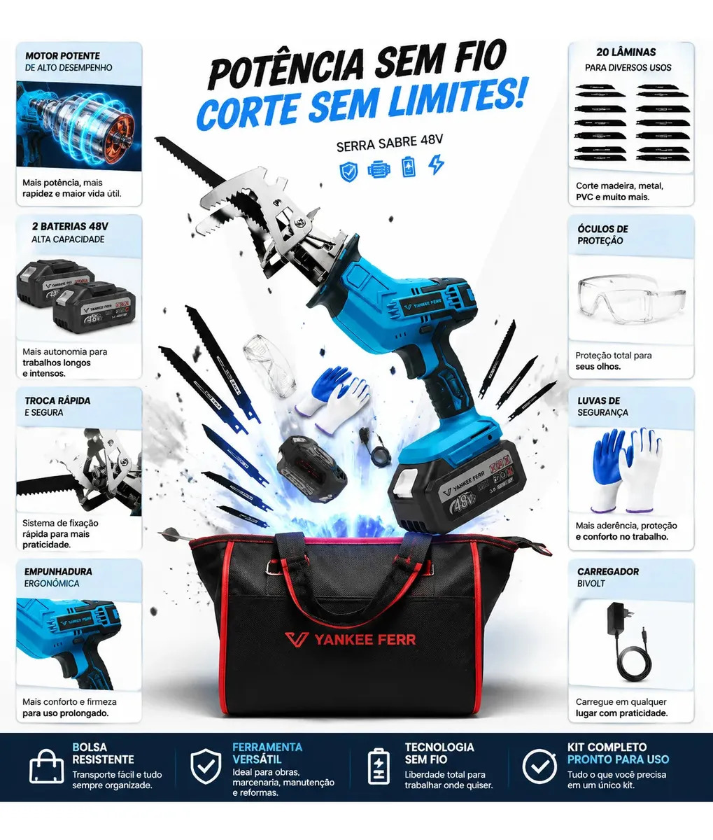 Serra Sabre YANKEE FERR Razi Moto 21V Sem Fio Profissional para Carne e Madeira com 2 Baterias e 20 Lâminas