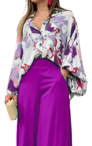 Conjunto Camisa Con Estampado Suelto Y Pantalón Ancho