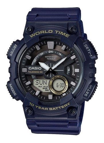 Reloj Casio Hombre Aeq-110w Sumergible 100m Hora Mundial Color De La Malla Azul Marino Color Del Bisel Negro Color Del Fondo Negro