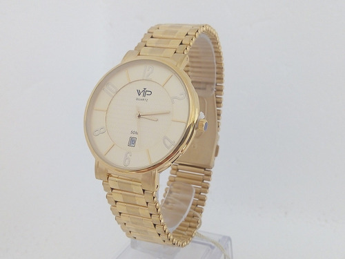 Relógio Vip Quartz Masculino Dourado Slim Banhado A Ouro