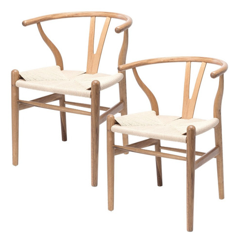 2 X Silla De Madera Wishbone Asiento De Cuerda - Natural