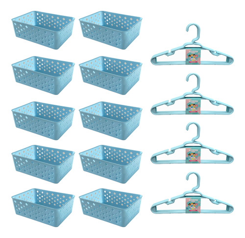 Kit 10 Cestos Organizador Azul+ 20 Cabides Infantis Azul